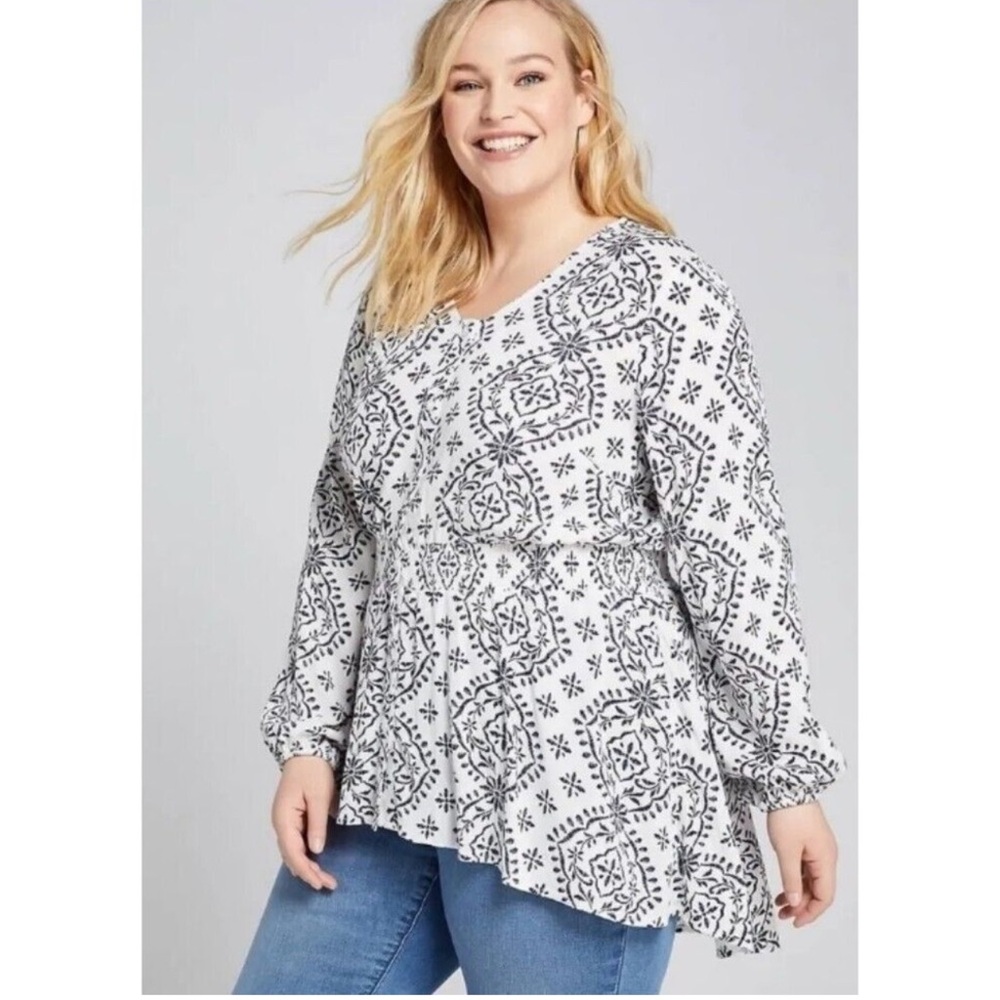 Lane Bryant Hi-Low Floral Print Smocked Waist Long Sleeve Blouse - NEW